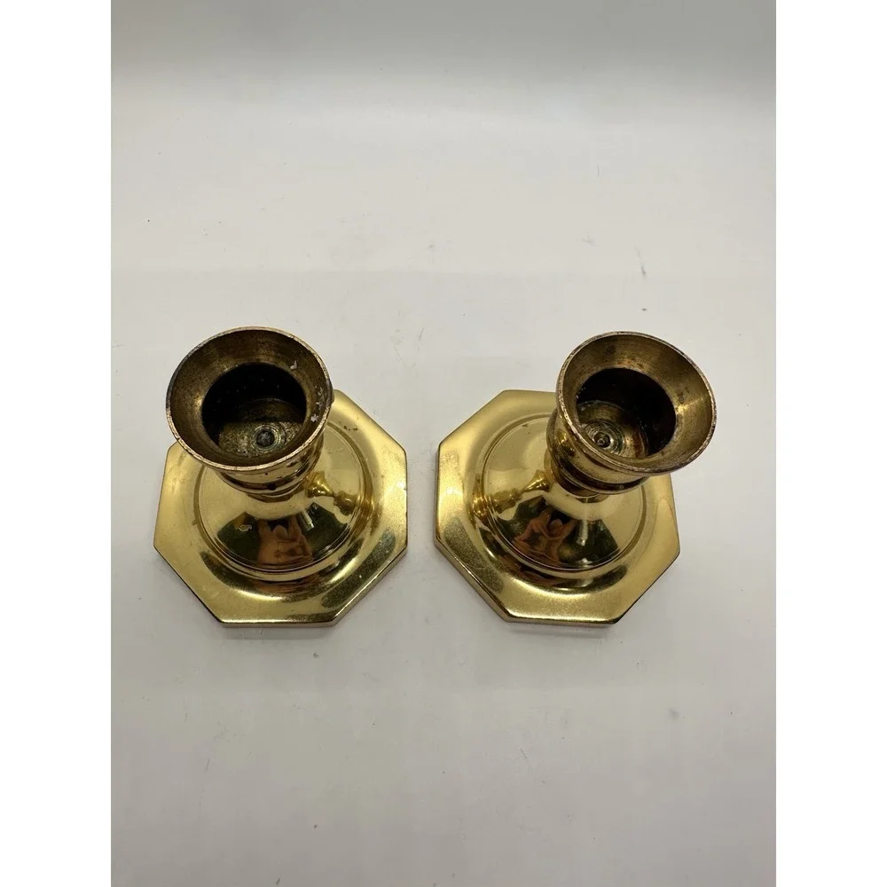 Pair Vintage Solid Brass‎ Octagon Base Candlestick Holders 3.5